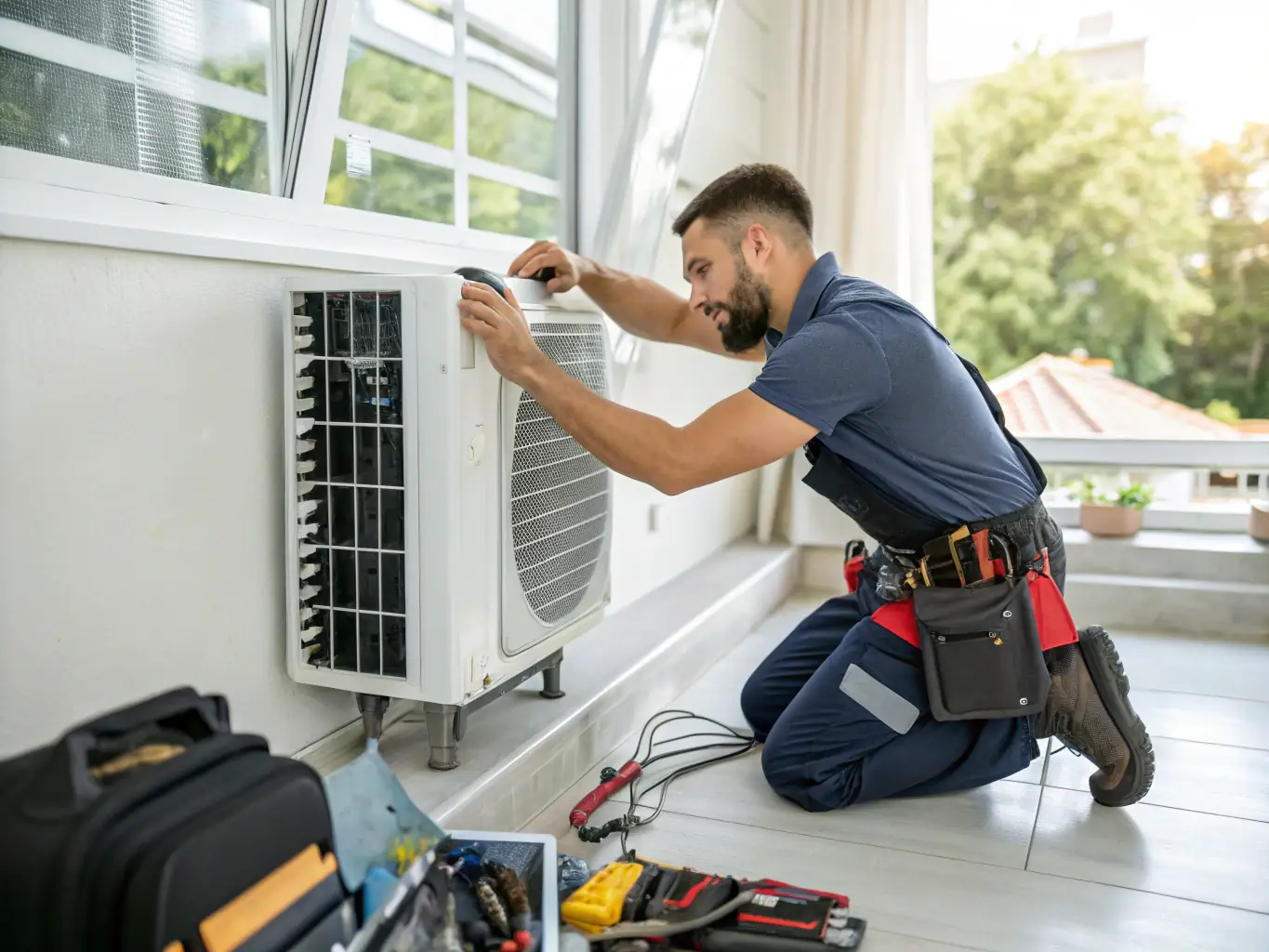 A technician installing a sleek mini-split unit on a modern wall, demonstrating professional setup.