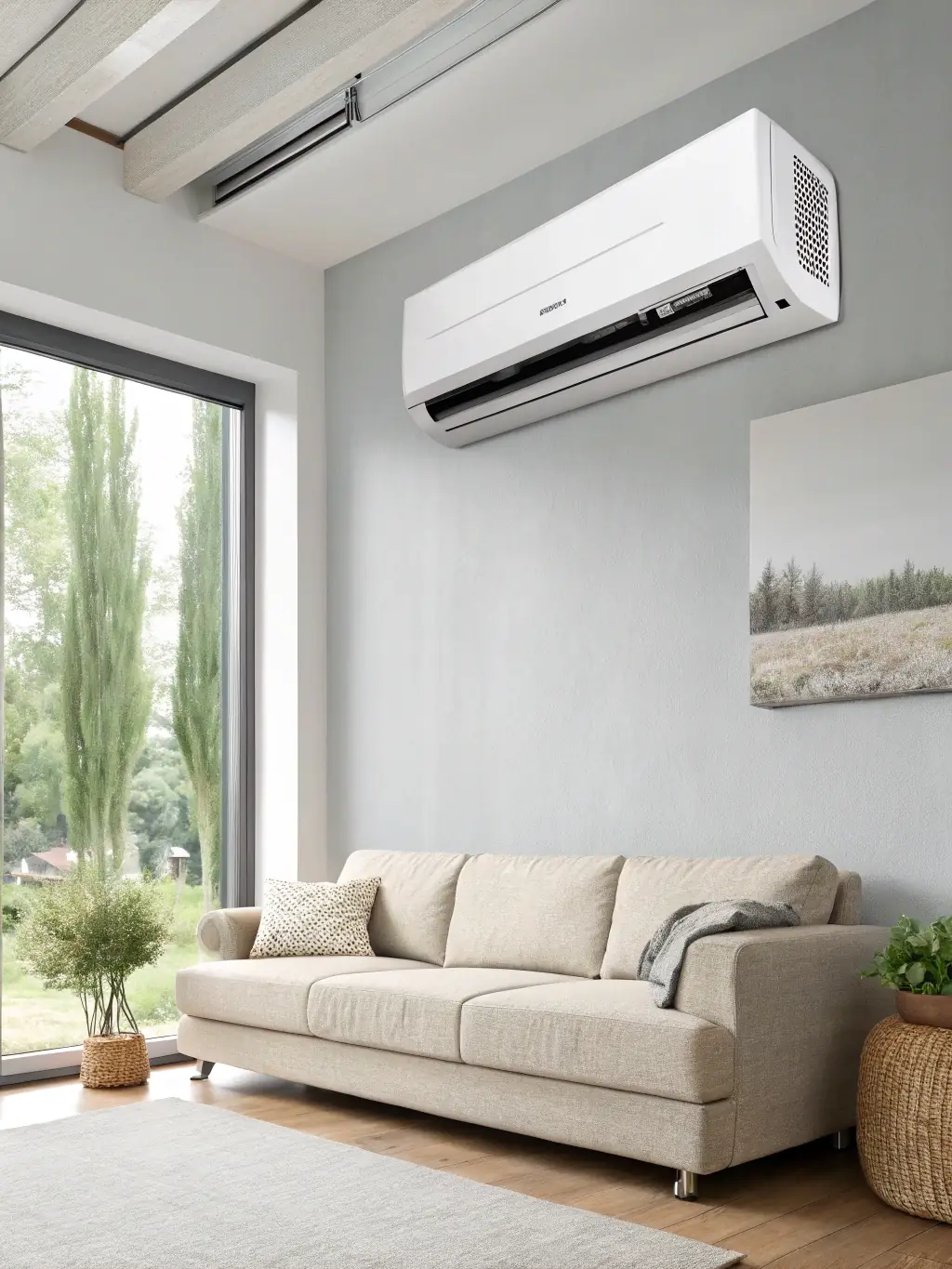 A bedroom featuring a wall-mounted mini-split unit, providing quiet and efficient cooling for a restful night's sleep.