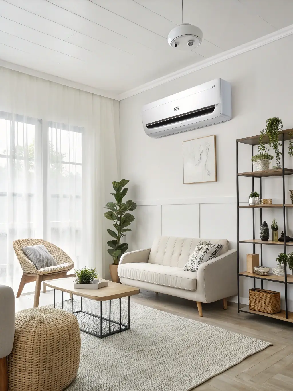 A modern living room with a mini-split unit seamlessly integrated above a cozy seating area, showcasing discreet and efficient climate control.