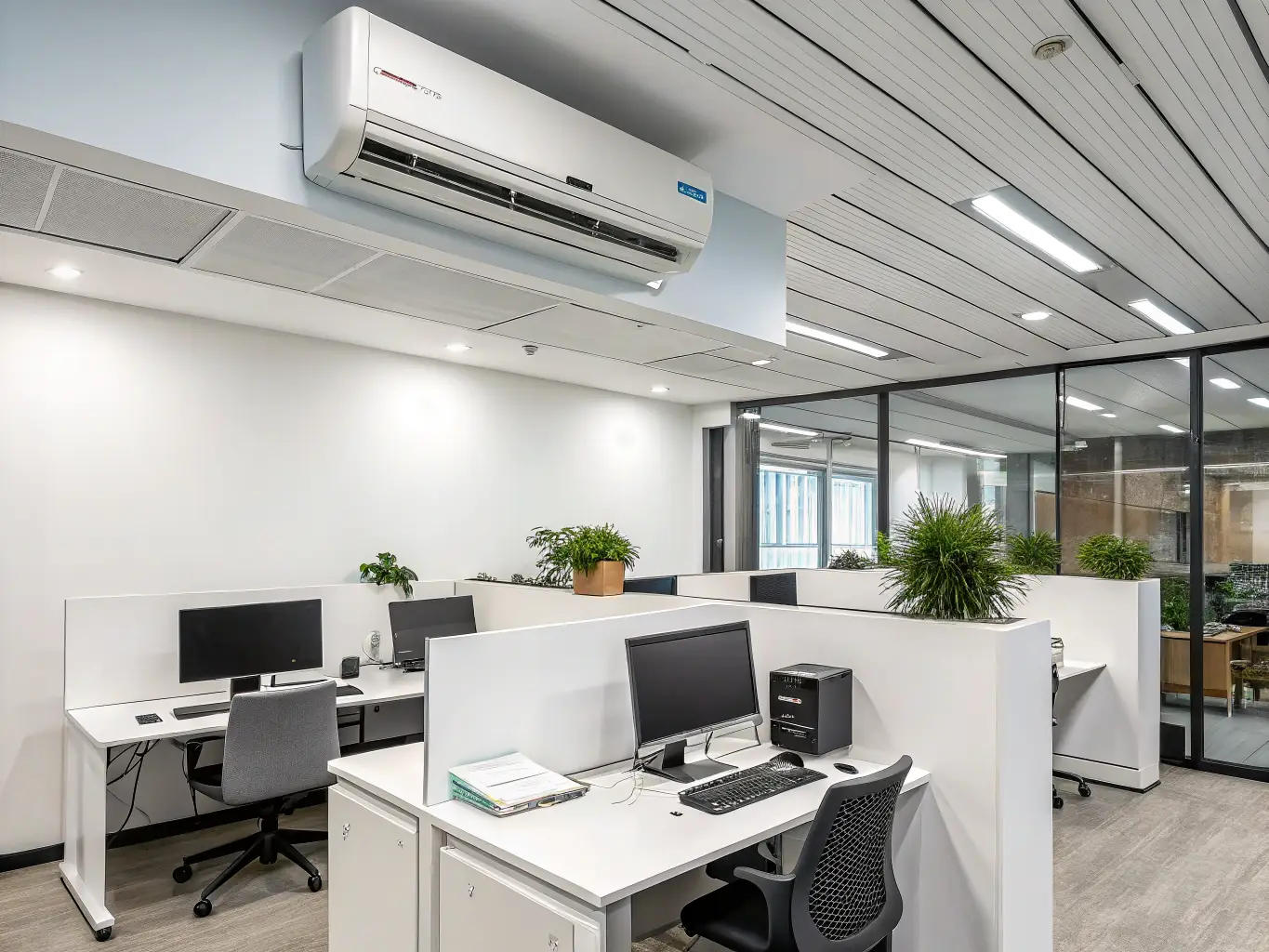 A quiet mini-split system operating in a home office, with a person working peacefully at a desk. The focus is on the system's silent operation, creating a productive and comfortable workspace.