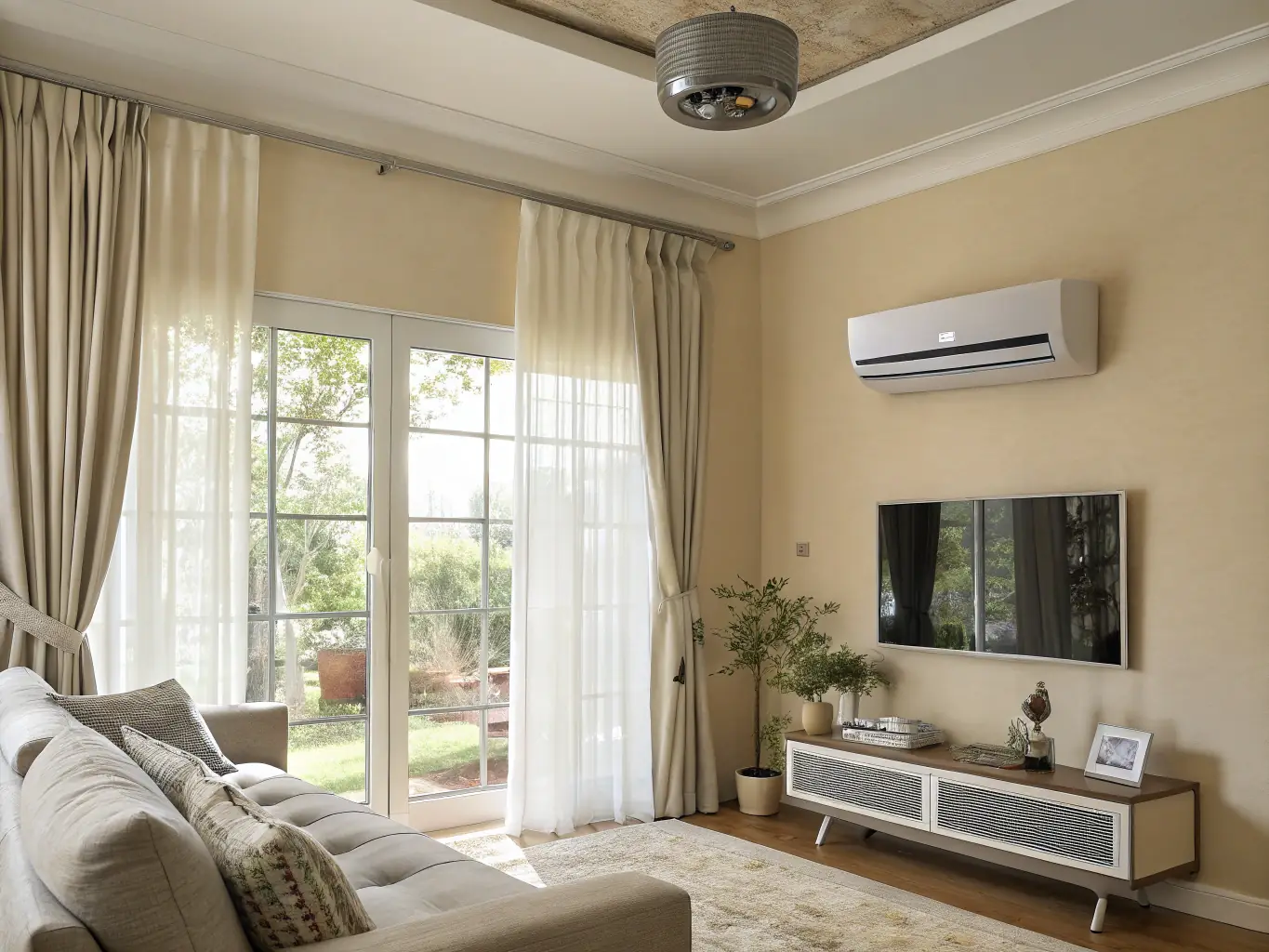 A modern living room featuring a wall-mounted mini-split unit, showcasing its sleek design and integration into the home environment. The room is bright and airy, emphasizing the comfort provided by the system.