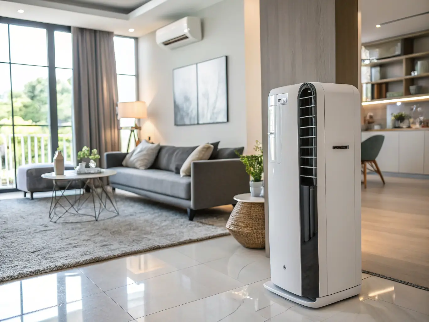 A modern living room featuring a wall-mounted mini-split unit, showcasing its sleek design and quiet operation.