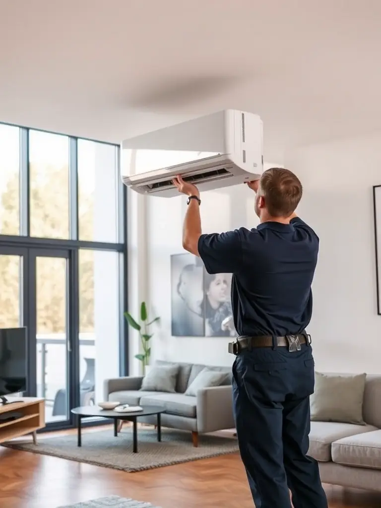 A professional HVAC technician installing a mini-split system in a modern living room, showcasing the sleek design and unobtrusive installation process.