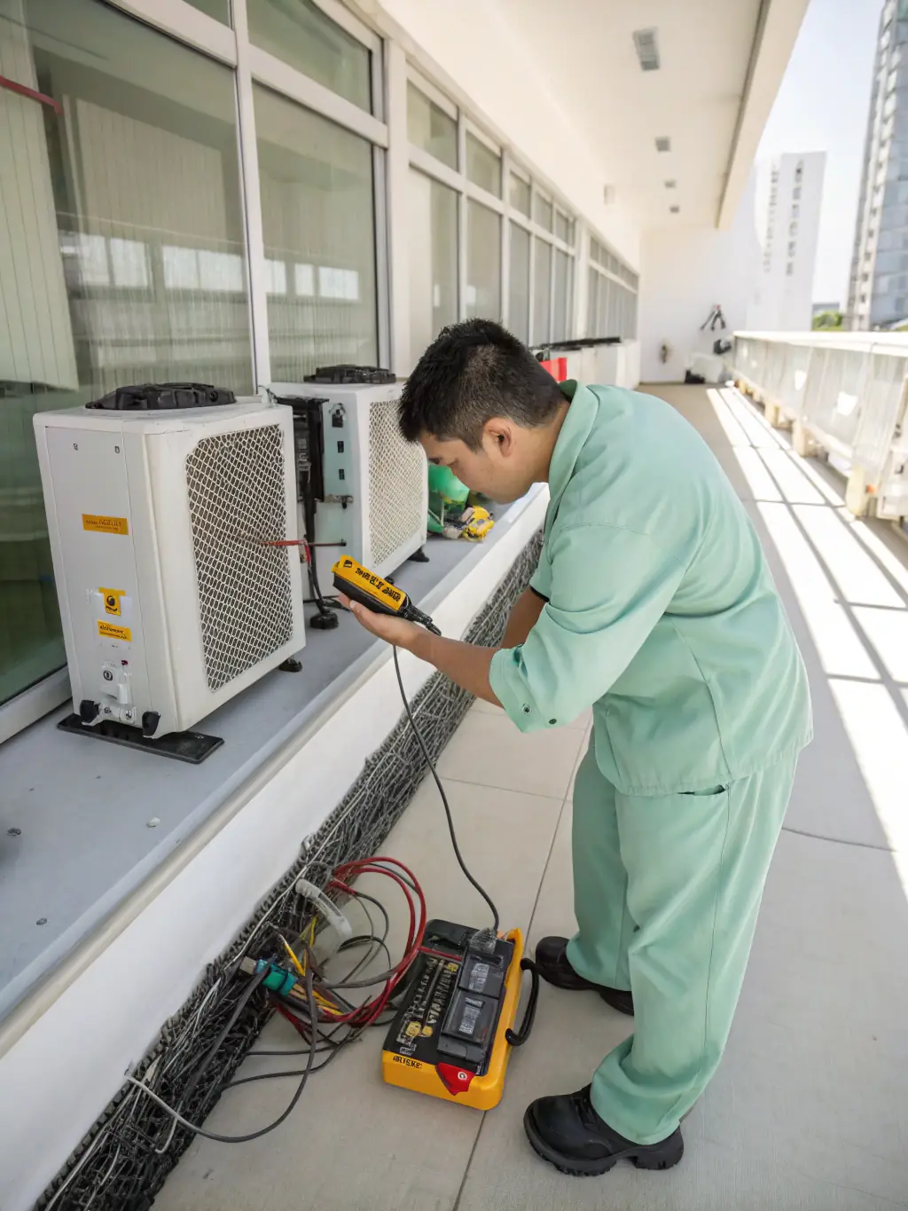 A close-up shot of a technician diagnosing a mini-split system issue with diagnostic tools, highlighting the precision and expertise involved in repairs.